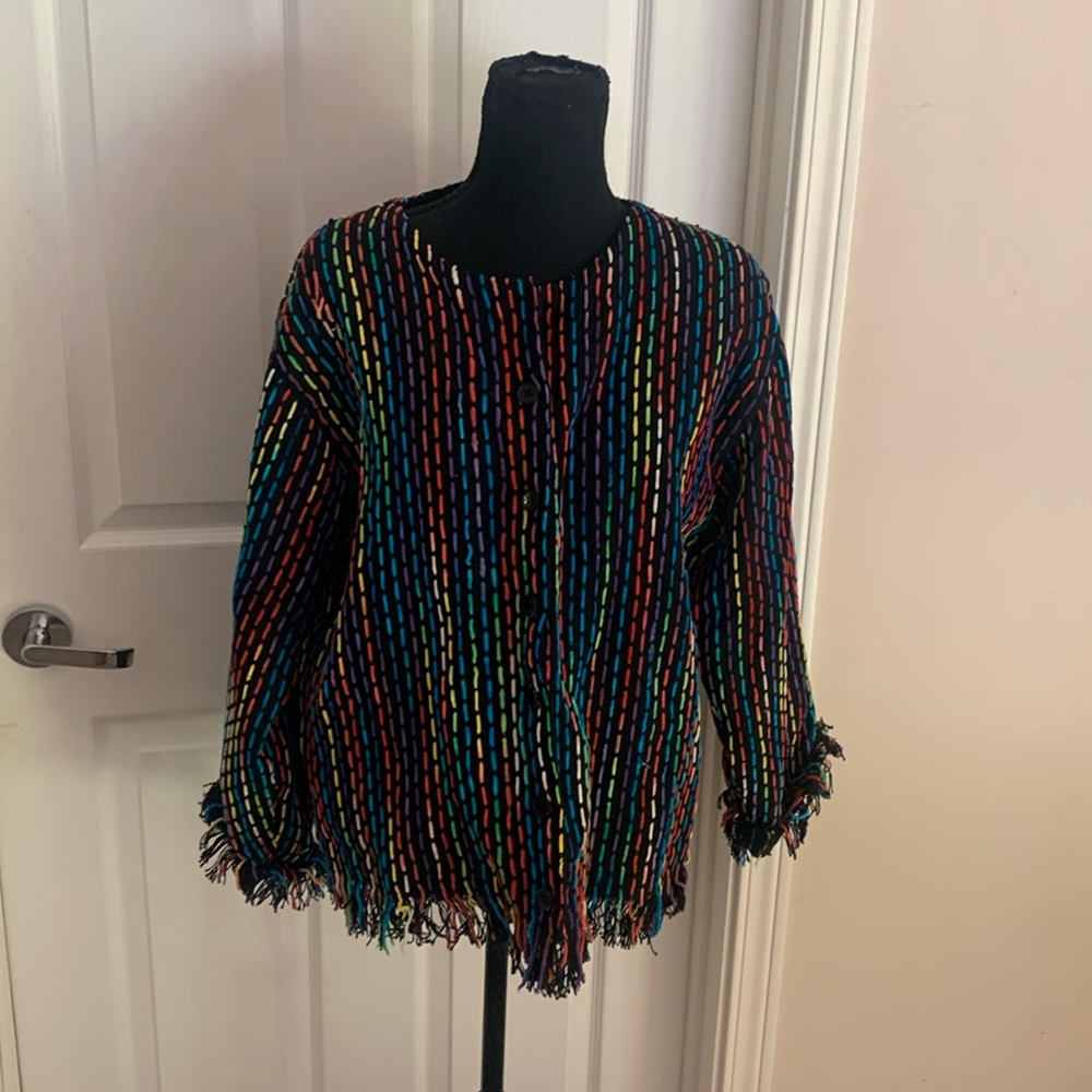 Vtg 90s Y2K Silver Stream black multi color rainbow fringe cut jacket sz L